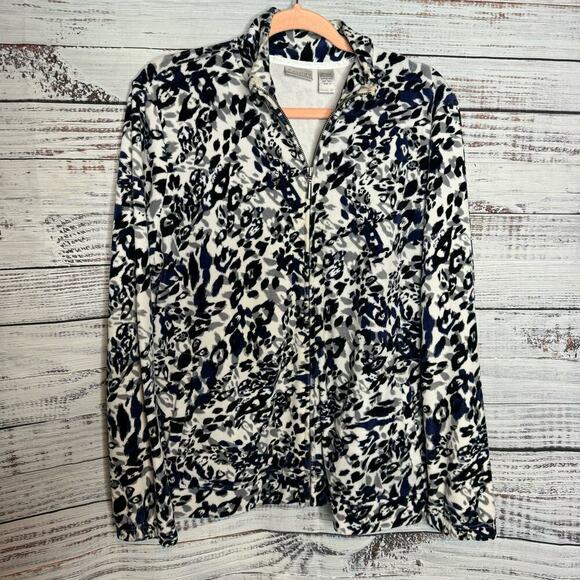 Chicos Leopard Print Fleece Full Zip Jacket Black & Blue sz 2 US-Lg - Picture 1 of 3